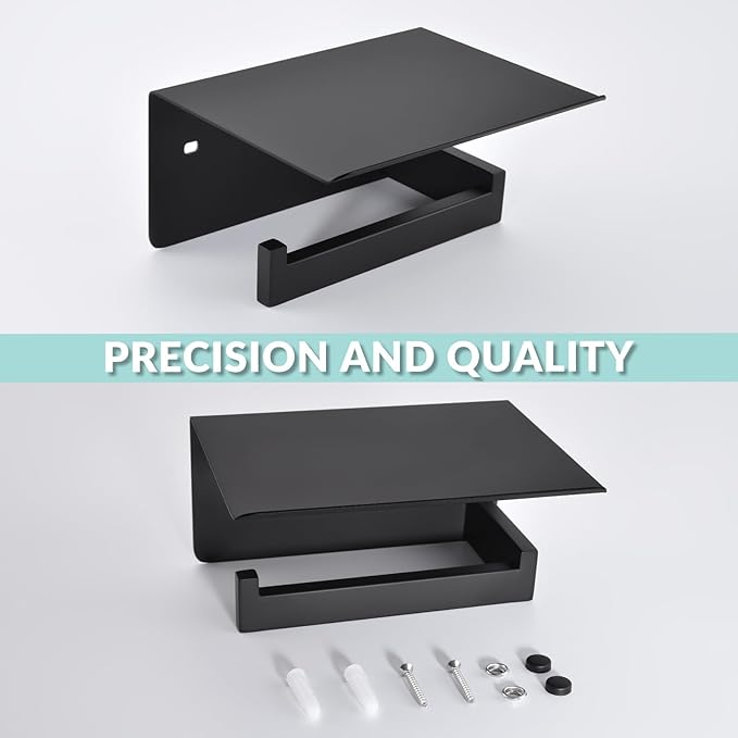 APLusee Matte Black Toilet Paper Holder with Shelf, Left Side 304 Stainless Steel Tissue Hanger, Wall Mounted