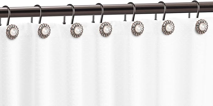 Oil Rubbed Bronze Shower Curtain Hooks, Decorative Sunflower Shower Curtain Rings for Bathroom Shower Curtain Rods and Liner,Metal Shower Hooks, Floral Pearl Shower Rings for Curtain Set of 12