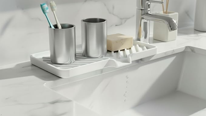 Happitasa Silicone Soap Dish Tray and Sponge Holder with Drain Chute and Feet | 3-Way Sloped Design | Bathroom and Kitchen Sink Organizer Caddy (White, 10"x4")