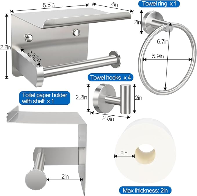 1pcs Toilet Paper Holder with Shelf, 1pcs Towel Ring and 4pcs Towel Hooks, Brushed Nickel Stainless Steel Bathroom Hardware Set