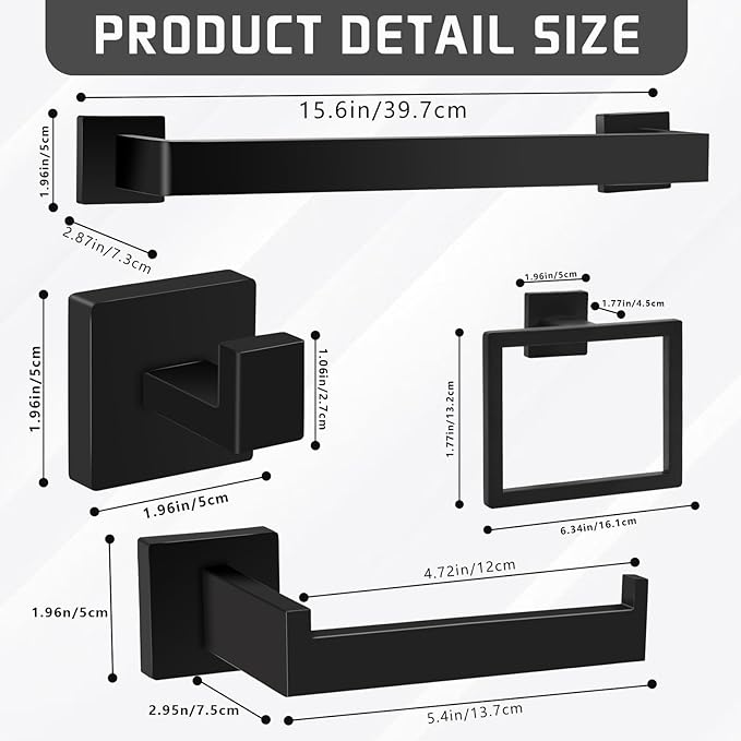Matte Black Bathroom Hardware Accessories Set of 5 Pieces, 15.6 Inch Bath Towel Bar Set, 304 Stainless Steel Bathroom Hardware Set, Towel Racks for Bathroom Wall Mounted