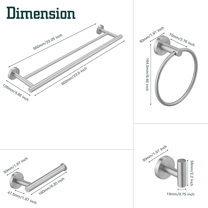 5Pcs Bathroom Hardware Set, Towel Racks for Bathroom Wall Mount, Stainless Steel Towel Bar Set with Toilet Paper Holder Hand Towel Holder Robe Hook Accessory Kit, Brushed Nickel