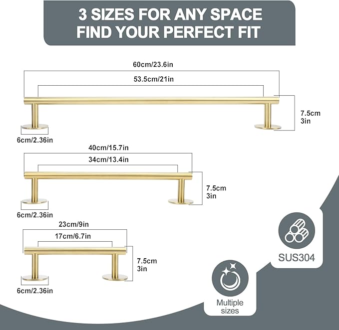 9 Inch #304 SUS Over The Door Towel Racks Wall Mounted,Self Adhesive Brushed Gold Bathroom Accessories, Small Bathroom Organizer & Dish Towel Holder&Shower Shoe Shelves