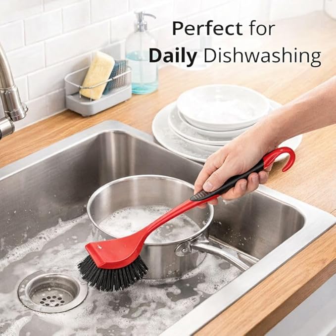 High Power Scrub Brush, Red & Black Heavy Duty Cleaning Brush with Long Handle, 3.75 Inch Wide Bristles for Bathroom, Kitchen, Tile, Grout & Tough Messes