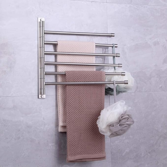 Swivel Towel Bar 6-Arm Bathroom Towel Holder Wall-Mounted Swing Out Towel Rack with Hooks Rustproof Brushed Finish