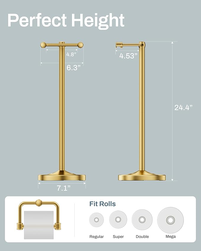 Freestanding Toilet Paper Holder, Double Post Pivoting 22" Height Toilet Roll Holder Floorstanding Base Weighted, Stainless Steel Toilet Paper Holder Stand (Gold)