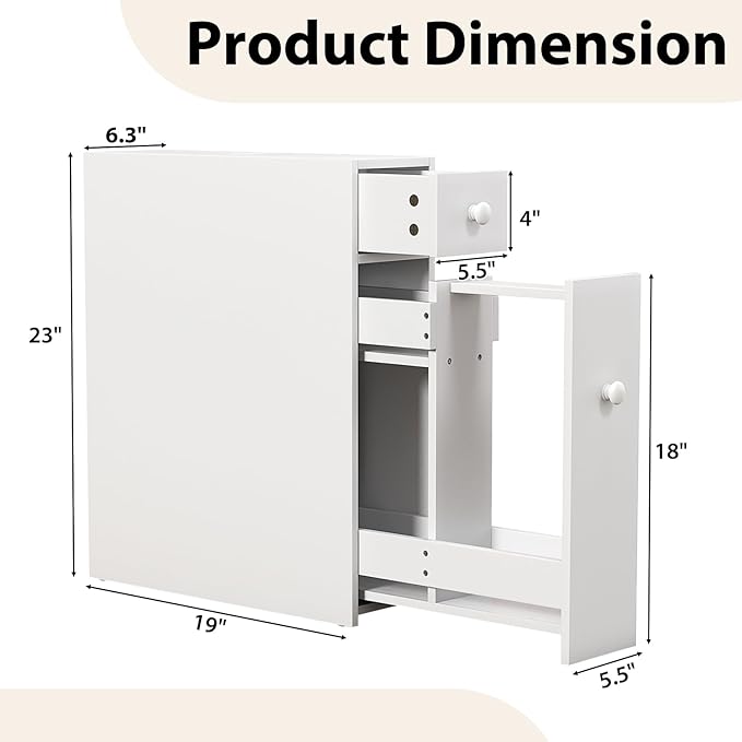 Tangkula Slim Storage Cabinet, Free Standing, with Slide Out Drawers, Narrow Floor Bathroom Organizer Next to Toilet, Toilet Paper Holder, 19 x 6.5 x 23 Inches (White)