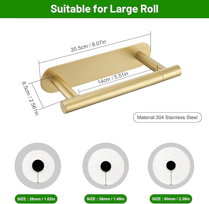 2 Pieces Self Adhesive Brushed Gold Toilet Paper Holder, Commercial Toilet Paper Dispenser Toilet Roll Holder, Double Base Paper Towel Holder Wall Mount No Drilling for Bathroom, Kitchen