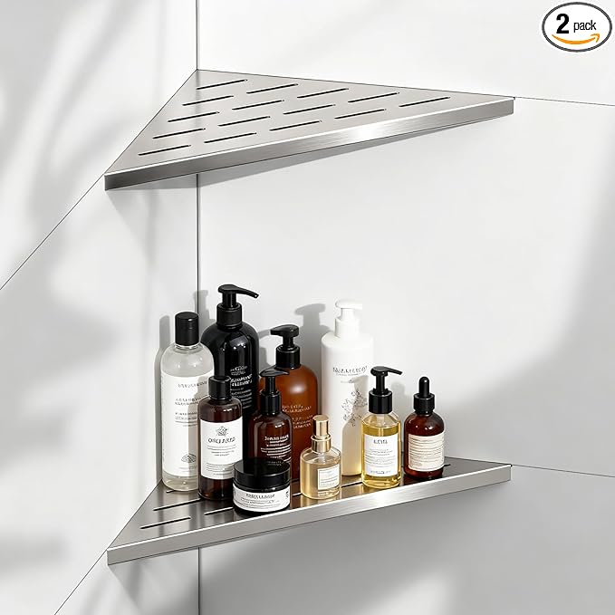 Corner Shower Shelves 10" Brushed Nickel, 2 Pack 304 Stainless Steel Shower Corner Shelf Recessed Slot Design, Wall Mount Triangle Shower Caddy for Bathroom, Kitchen Organization