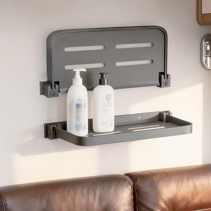 Aluminum RV Shelves, Wall-Mounted Foldable Shelf 90° Space-Saving Grey Floating Shelves for Bathroom Wall, No Drill Furniture for Motor Homes 1 Pack