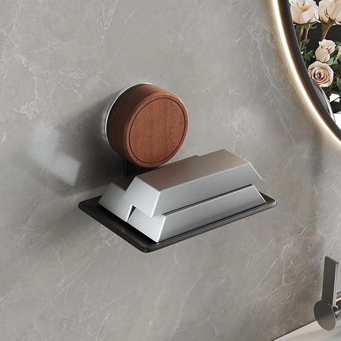 Soap Dish, Walnut and Stainless Steel,Soap Bar Holder for Shower Double-Sided Tape Wall Mounted, No-Drilling Waterproof Sponge Holder for Bathroom Bathtub Kitchen Sink, Keep Dry (Black)