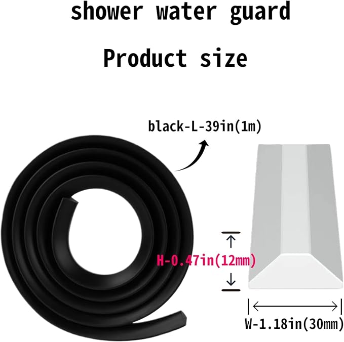 39in-Shower Threshold Water Dam,Shower Water Guard,Flexible Waterproof Splash,Self-Adhesive-Easy Install,for Use in Thresholds of Bathrooms and Kitchens Countertop Bedrooms(Black)