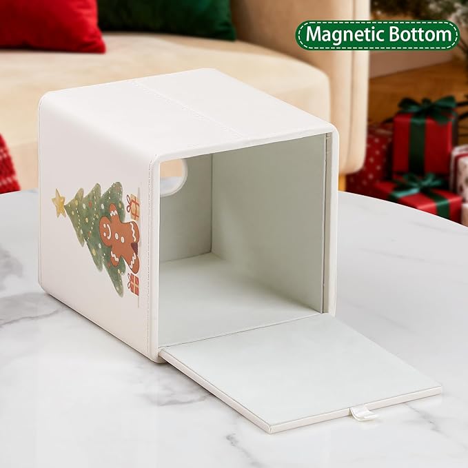 PU Leather Tissue Box Cover Square Tissue Box Holder with Magnetic Closure (Christmas Style)