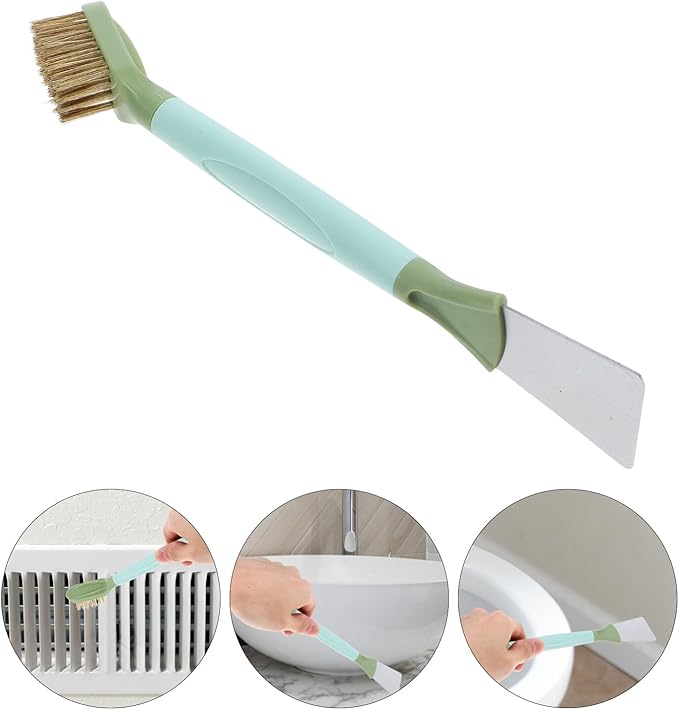 Toyvian Hard Bristle Crevice Cleaning Brush and Scraper, 2-in-1 Gap and Edge Brush for Kitchen Stove, Bathroom Gutter, and Window Track Cleaning, Green Dual-Headed Tool for Household Use