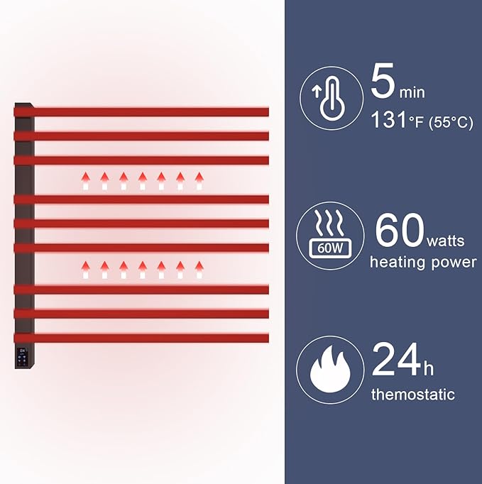 WarmRackCo Heated Towel Rack, Stainless Steel, 39.4 x 23.6 x 3.14 Inches, 304 Stainless Steel, Wall-Mounted, Rectangular, 9-Bar with Smart Timer & Temperature Control