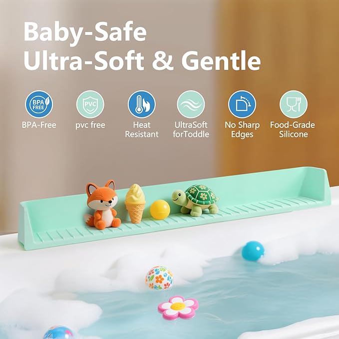 2.6-Ft Bathtub Splash Guard for Tub Kids, Silicone Splash Shield with 11 Suction Cups, Toy Tray Shelf, No Spill Water Barrier, Prevents Mess, Fun Bathtime for Toddlers Baby–Green