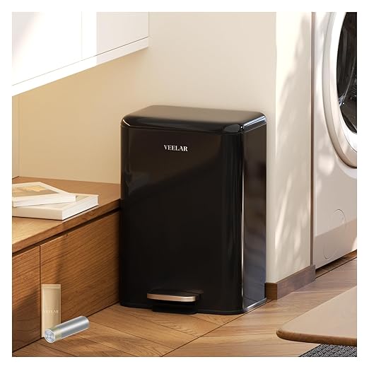 Kitchen Bathroom 5.5Gallon (20L) Trash Can - Stainless Steel Garbage Cans with Foot Pedal, Recycling Bin with Lid for Office Bathroom Decor (Black)