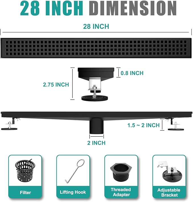 Linear Shower Drain 28 Inch Rectangular Floor Drain with Removable Square Hole Cover and Hair Catcher, Long Shower Drains 304 Stainless Steel CUPC Certified (Matte Black)