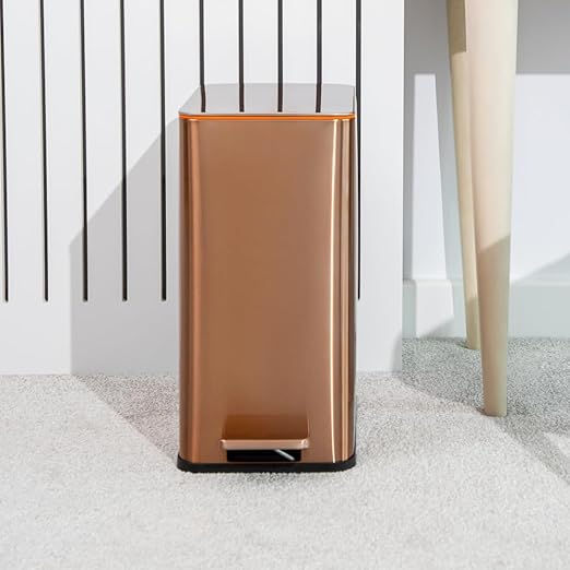 RED FACTOR Slim 2.6 Gallon Stainless Steel Pedal Trash Can with Soft Close Lid for Narrow Spaces – Wastebasket Bin with Removable Inner Bucket for Bathroom, Kitchen, Bedroom or Office (Copper)