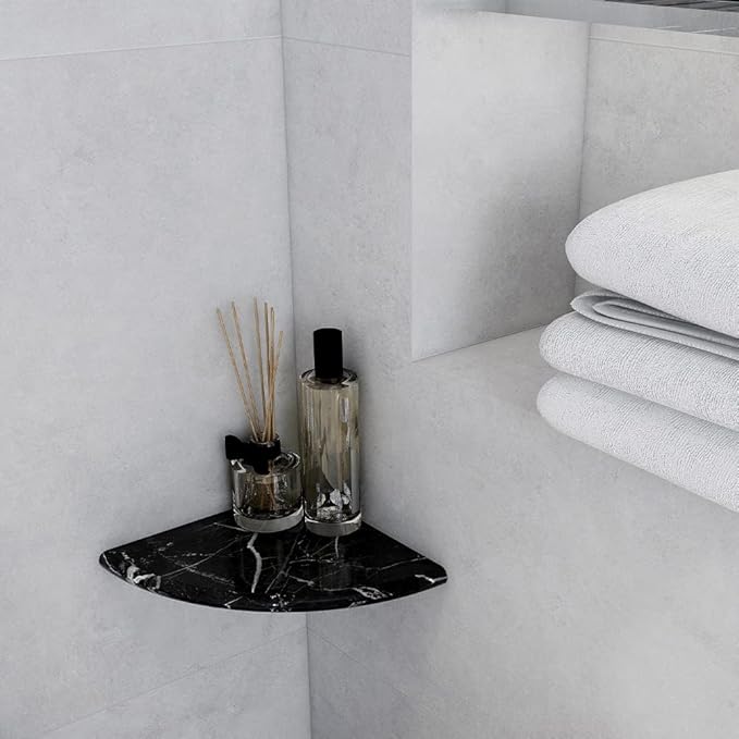 Black Marble Corner Shower Shelf, 9 Inch Carrara White Marble Corner Shelf for Bathroom Shower Decor, Wall Mounted, Polished, 1 Pcs