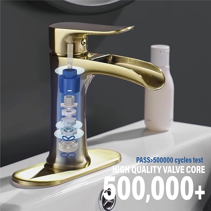 Yundoom Brushed Gold Bathroom Faucet - Single Hole Or 3 Hole, Farmhouse Rv Brass, Waterfall Design, 4 Inch Deck Plate