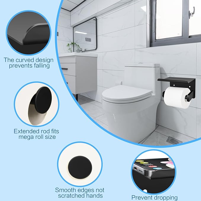 1pcs Toilet Paper Holder with Shelf and 1pcs Towel Ring Set, Matte Black Stainless Steel Bathroom Hardware Set