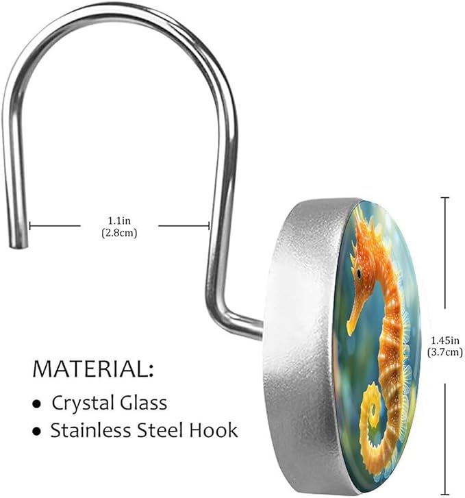 12 Pcs Seahorse Shower Curtain Hooks,Rust Proof Glass Surface Stainless Steel Curtain Rings for Bathroom Bedroom Living Room Kitchen Home Shower Rods Decor
