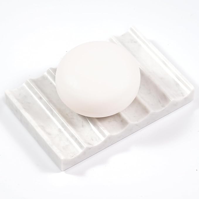 LWAMS White Marble Soap Dish - Rectangle Decorative Stone Soap Bar Tray for Bathroom Sink Shower, Self Draining Marble Sponge Holder for Kitchen Countertop