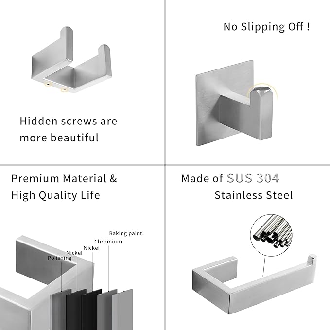 Fapully 23.6-Inch 6 Piece Bathroom Hardware Accessories Set Stainless Steel Wall Mounted Brushed Nickel Include Towel Bar,Hand Towel Holder,Toilet Paper Holder,Robe Towel Hook,Coat Hook,Towel bar Set
