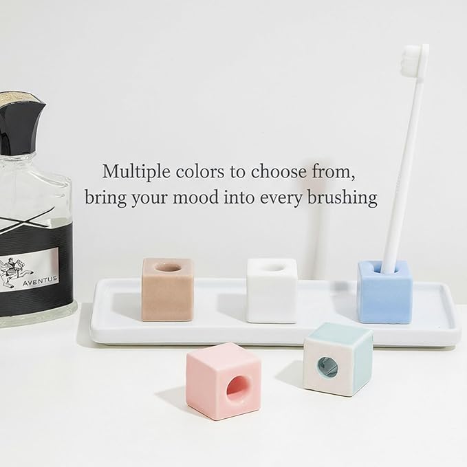 AirMoon Mini Square Ceramic Toothbrush Holder for Bathroom - White Small Countertop Organizer, Easy Clean Toothbrush Stand, Suit for Electric Toothbrush Head, Pens & Coffee Spoon, Cute White