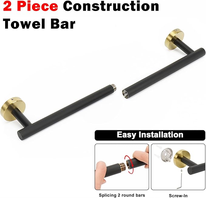 NearMoon Bath Towel Bar, Thicken Stainless Steel Shower Towel Rack Holder Wall Mounted for Bathroom, 18-lnch Overall Length-16-lnch Usable Hanging Space (1 Pack, Matte Black & Gold)