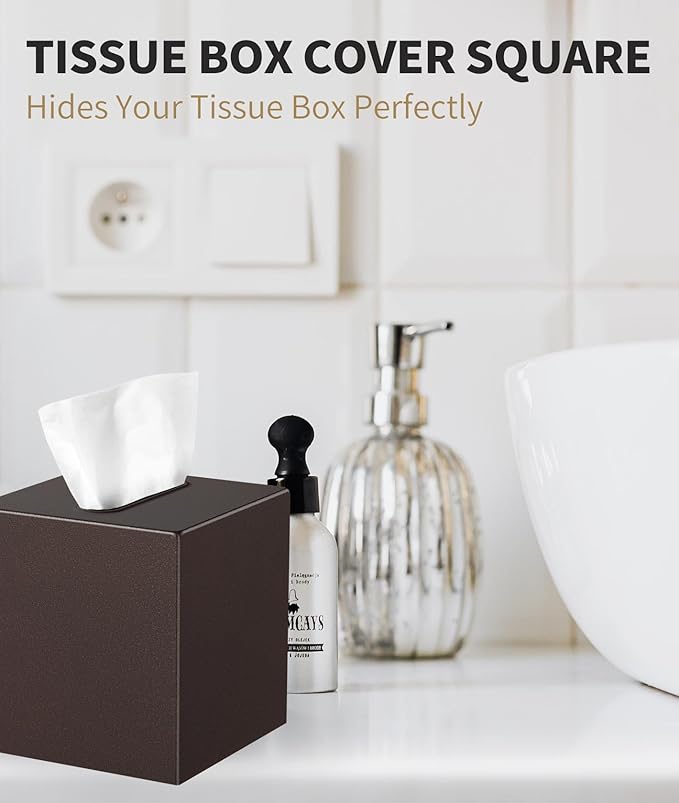 Livelab Metal Tissue Box Cover, Square Tissue Box Holder Modern Decor Facial Napkin Holder Dispenser for Bathroom Vanity Countertop, Living Room, Bedroom, Office | Brown Pebble Grain