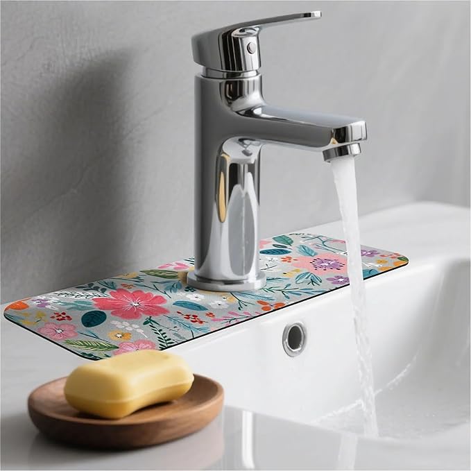 Kitchen Sink Splash Guard，Spring flowers- Faucet Mat Sink Gadgets-Super Absorbent Fast Drying Mat Drip Catcher for Kitchen, Bathroom,Sink Mat, Dish Drying Mat, Bathroom(15" X 5.5" )