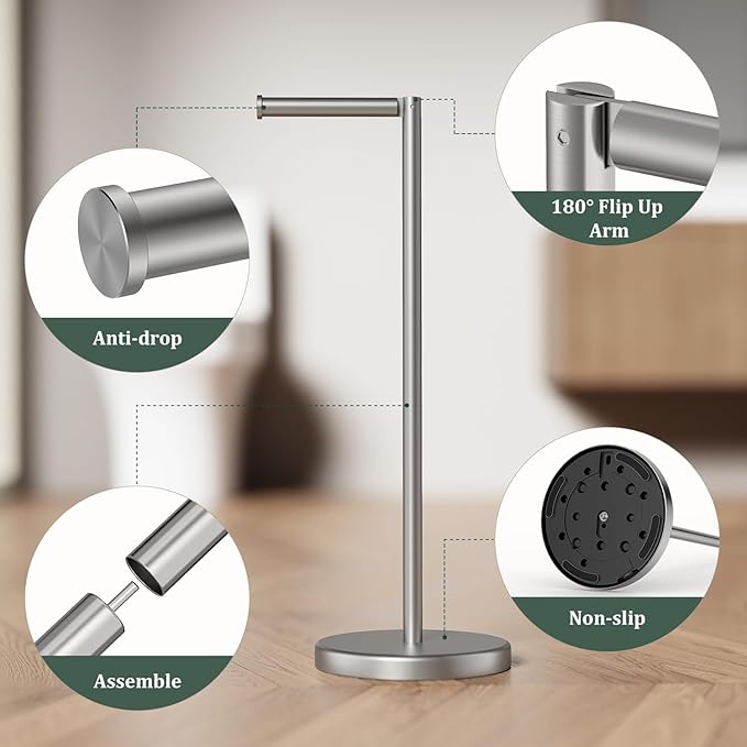 Brushed Nickel Toilet Paper Holder Stand, Freestanding Toilet Paper Holder for Bathroom,304 Stainless Steel Rustproof Tissue Roll Holder Storage for 4 Rolls(Fits All Rolls)
