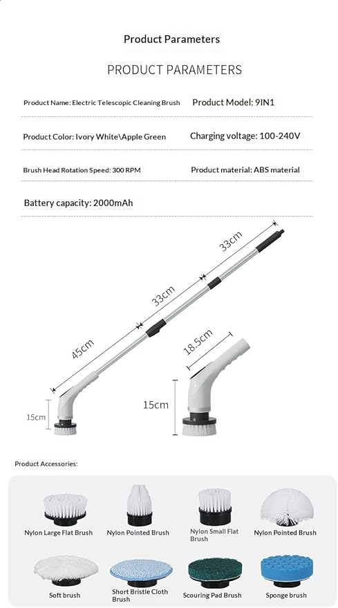 Multi-Functional Electric Rotary Cleaning Brush, with 8 Cleaning Brushes and 5 Speed Settings, Adjustable Long and Short Handles, Electric Scrubber for Bathroom bathtubs, Tiles and Floors (White)
