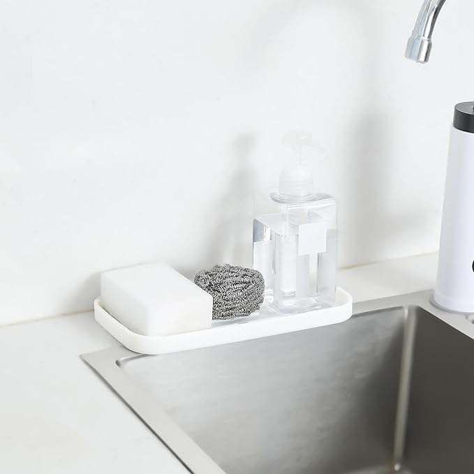 Silicone Kitchen Sink Organizer Tray for Multiple Usage,Eco-Friendly Sponges Holder for Kitchen Bathroom Counter or Sink,Dish Soap Dispenser,Scrubber,Bottle,Cup (White, 10"×5.3")