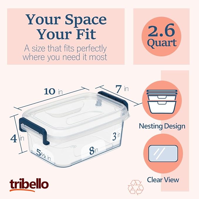Tribello Small Clear Storage Bins with Lids, Stackable Plastic Storage Containers for Home Organization – Totes for Closet and Underbed Storage, 2.6 Quarts