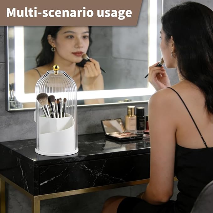 Rotating Toothbrush Holder with Sliding Dustproof Cover, 3-Slot Countertop Bathroom Organizer for Electric Toothbrush, Makeup Brushes, Vanity Sink Storage