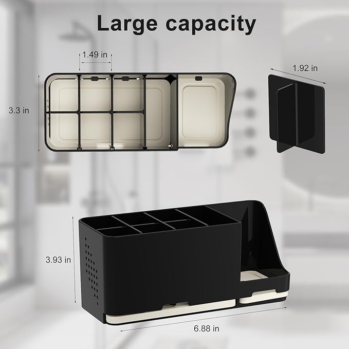 JUMEIHUI Bathroom Countertop Organizer with Water Absorbent Diatomite,8 Slots Bathroom Toothbrush Holder with Adjustable Dividers,Bathroom Sink Organizer Countertop (Black)