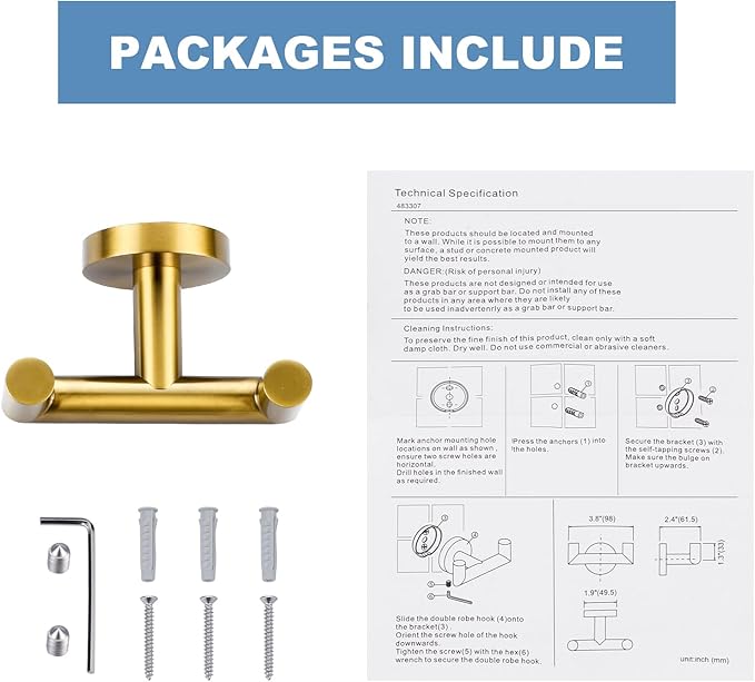 ALEASHA Shower Towel Hook Brushed Gold, Stainless Steel Towel Hanger, Heavy Duty Double Towel Hook, Towel Holder for Bathroom, Wall Mount Robe Hook