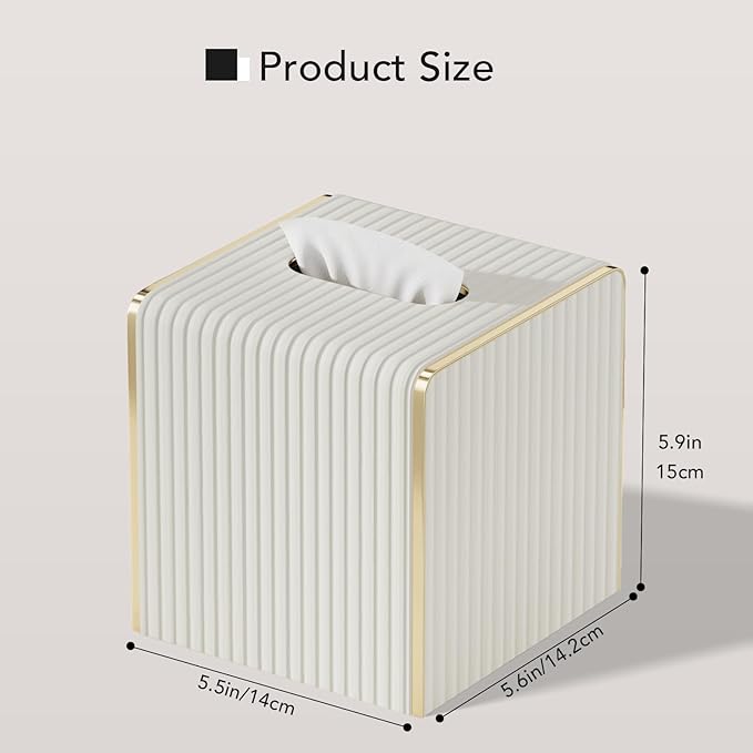 Tissue Box Cover,White Square Leather Tissue Box Holders with Gold-Tone Edging Decoration, Tissue Vessel for Bathroom Toilet Bedroom Living Room Table Desk Office,Modern Home Decor