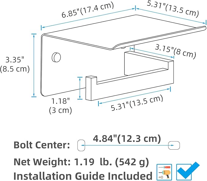 APLusee Brushed Nickel Toilet Paper Holder with Shelf, Left Side 304 Stainless Steel Tissue Roll Hanger, Wall Mounted