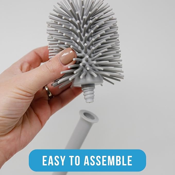 Don Aslett Silicone Toilet Bowl Brush Set (Gray) Includes Slim Brush Holder, Sturdy Handle, & 2 Replacement Heads with Durable Silicone Bristles | Easy to Clean & Compact Toilet Scrubber for Bathroom