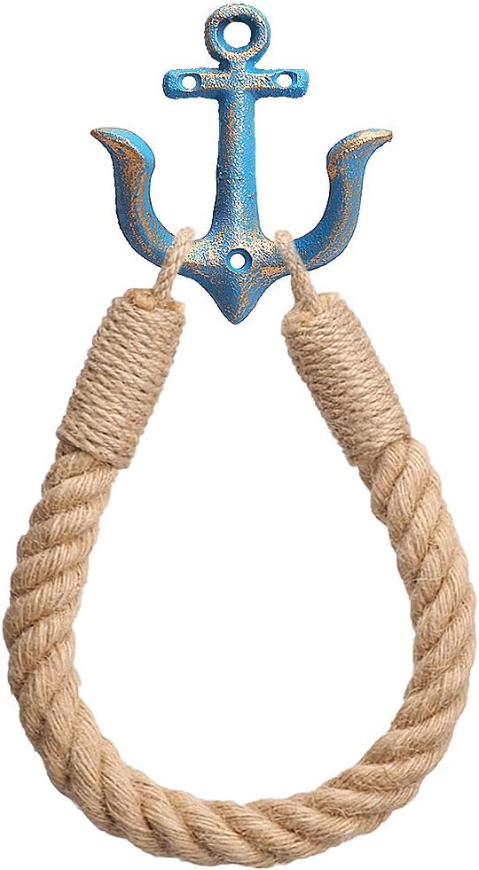 Nautical Toilet Paper Holder Rustic-Industrial Wall-Mounted Nautical Toilet Paper Towel Ring with Metal Hook for Bathroom Decor(Blue)