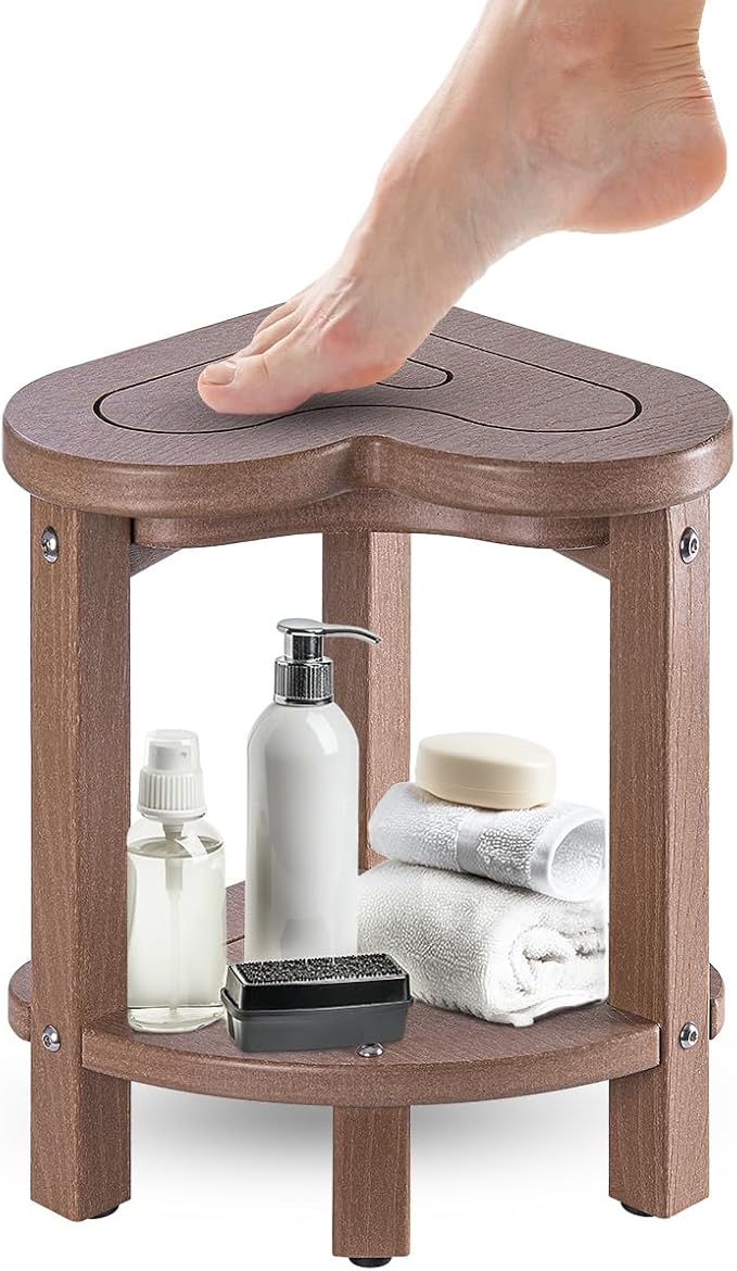 Corner Shower Stool for Inside Shower - Waterproof Corner Shower Bench, HDPE Plastic Bathroom Bench, Adjustable Height Corner Chair for Shaving Legs,Storage Shelf,Non-Slip Feet，Brown