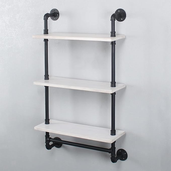 MBQQ Iron Pipe Shelves Industrial Bathroom Shelves with Towel bar,24in Rustic Metal Pipe Floating Shelves Pipe Wall Shelf,3 Tier Industrial Shelf Wall Mounted,Black & White