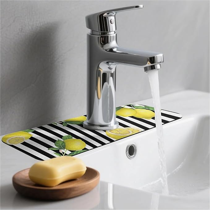 Kitchen Sink Splash Guard，Lemon-and stripes Faucet Mat Sink Gadgets-Super Absorbent Fast Drying Mat Drip Catcher for Kitchen, Bathroom,Sink Mat, Dish Drying Mat, Bathroom(15" X 5.5" )