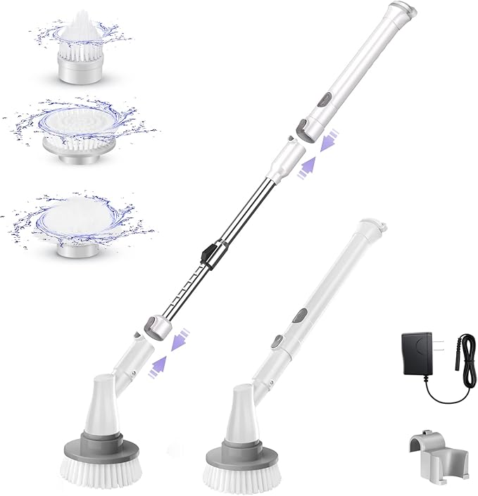 Electric Spin Scrubber, Power Shower Scrubber for Cleaning with 60mins Long Worktime, 44in Adjustable 3 Replaceable Brush Heads, Tile, Floor, Bathtub