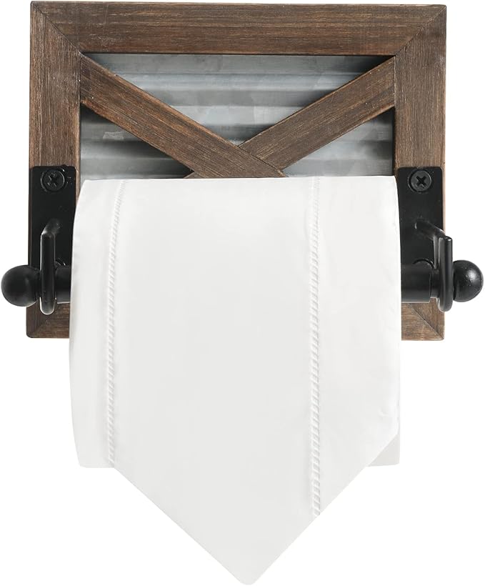 Farmhouse Toilet Paper Holder with Galvanized Metal& Black Metal - Rustic Warm Brown Wood Wall Mount Toilet Roll Holder for Bathroom Decor