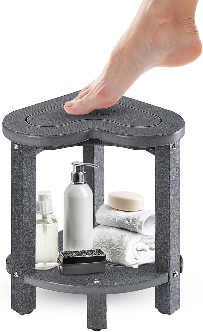 UHA Corner Shower Stool for Inside Shower - Waterproof Corner Shower Bench, HDPE Plastic Bathroom Bench, Adjustable Height Corner Chair for Shaving Legs,Storage Shelf,Non-Slip Feet， Gray